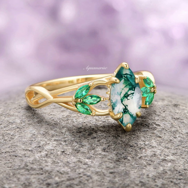 Celtic Knot Moss Agate & Gold Leaf Couples Ring Set