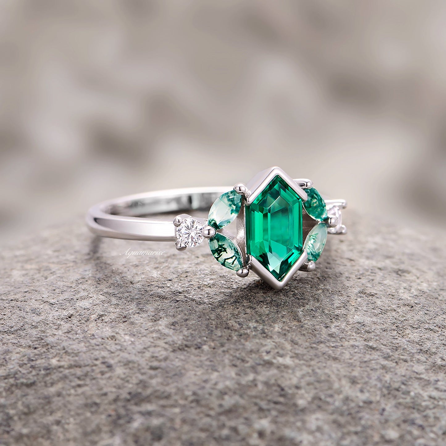 Hexagon Emerald & Moss Agate Couples Ring Set