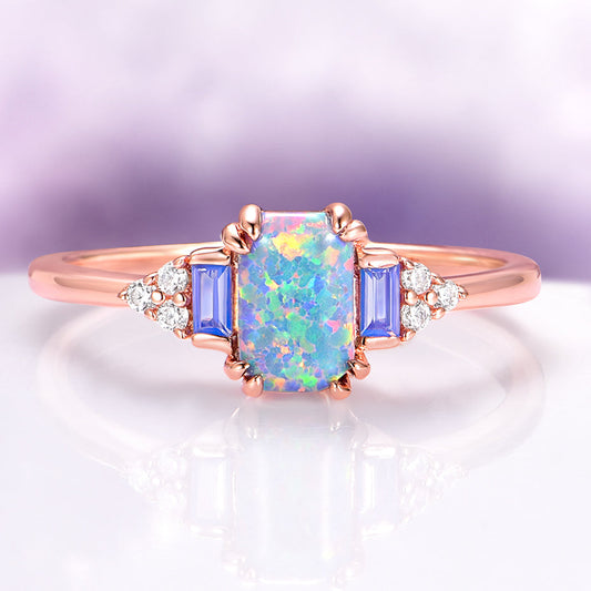 Light Blue Fire Opal & Opalescent Sapphire Couples Ring Set