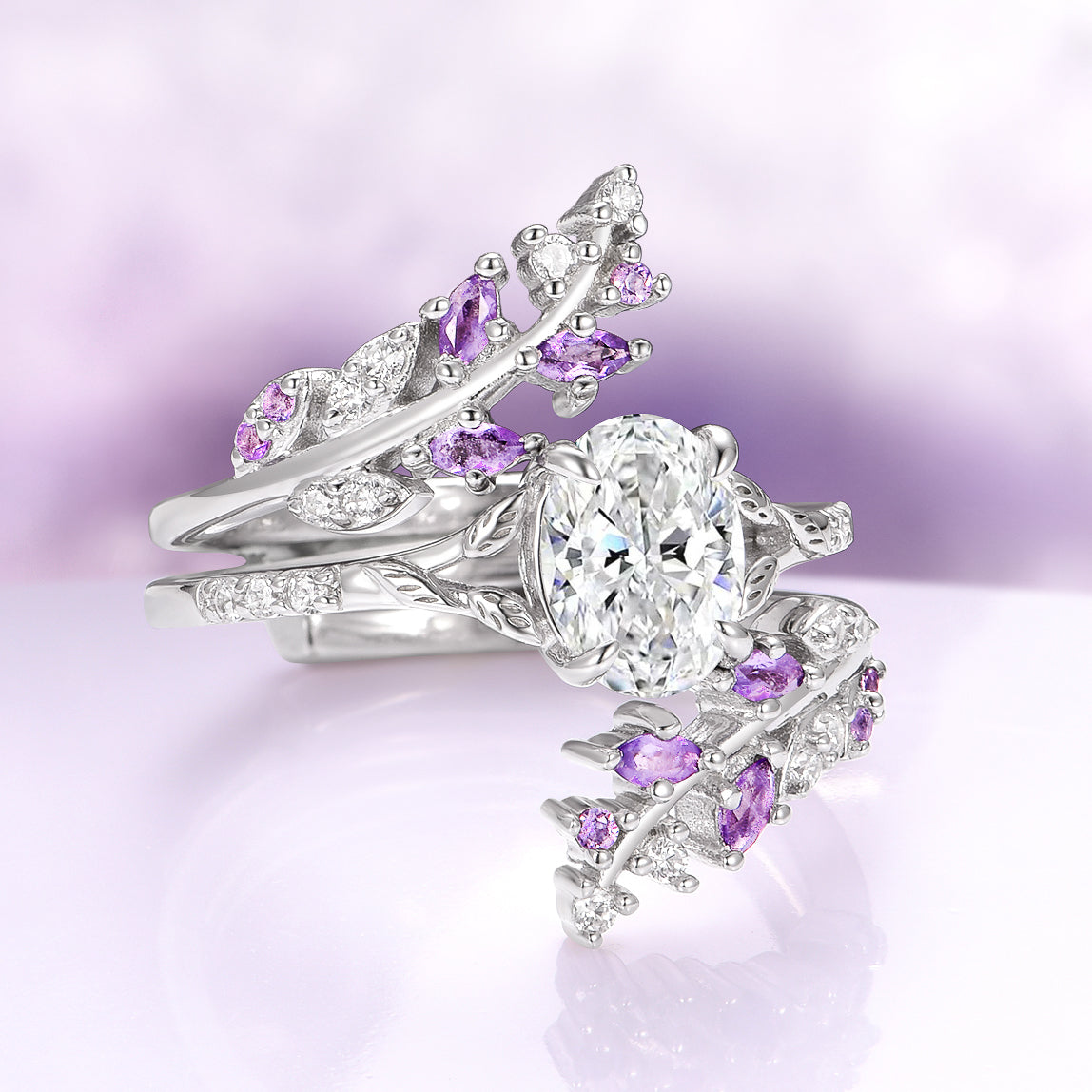 Simulated Diamond & Amethyst Leaf Couples Ring Set