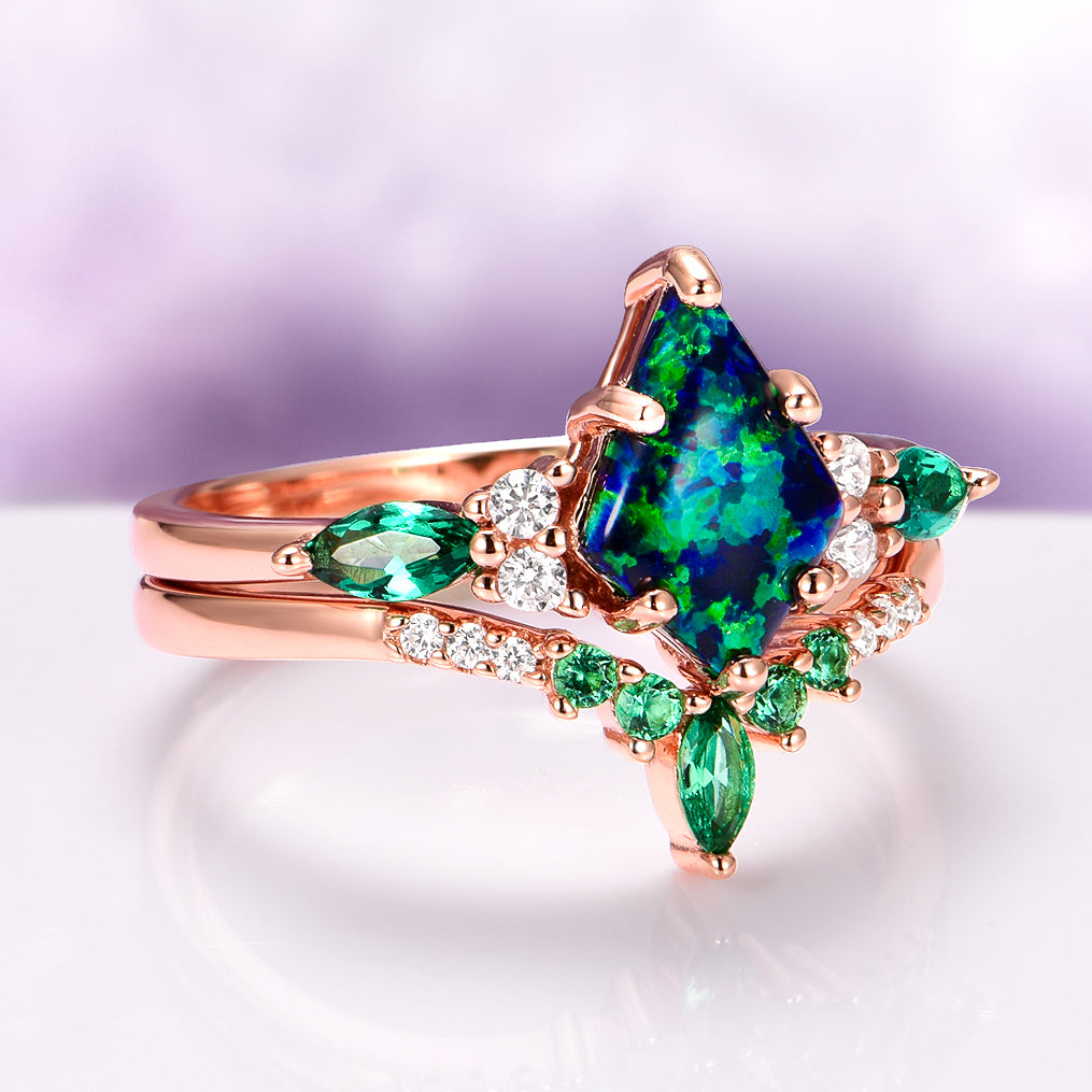Skye Kite® Peacock Fire Opal & Emerald Couples Ring Set