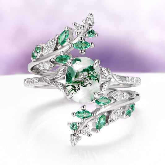 Moss Agate & Emerald Fairy Leaf Couples Ring Set