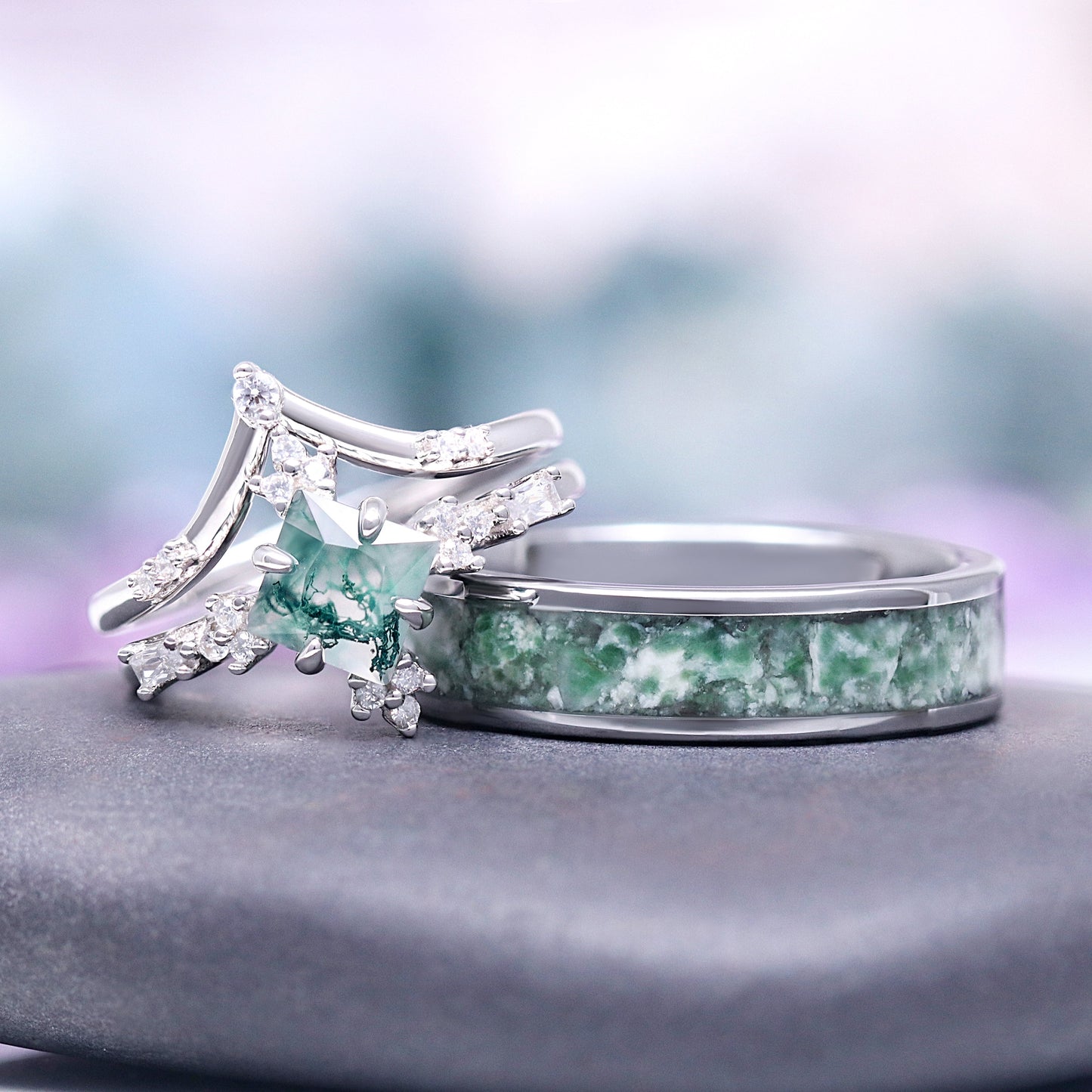 Rustic Moss Agate Couples Ring Set