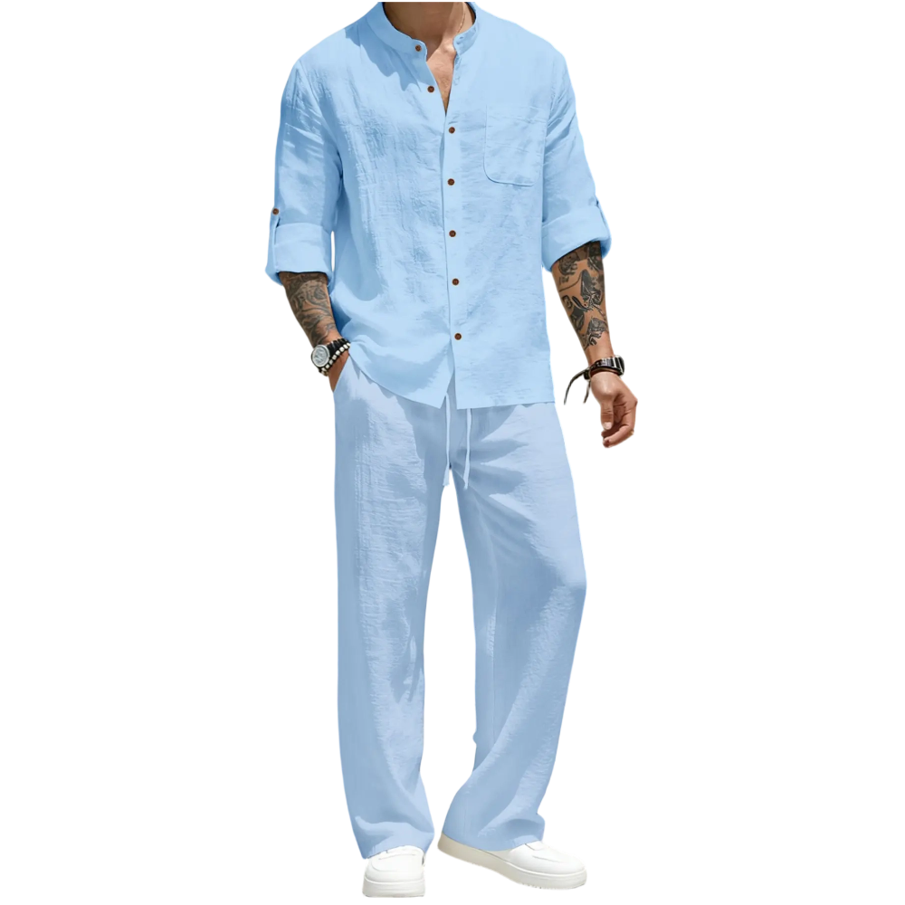Men's Linen Stand Collar Long Sleeve Button Shirt & Straight Leg Belted Pants Set
