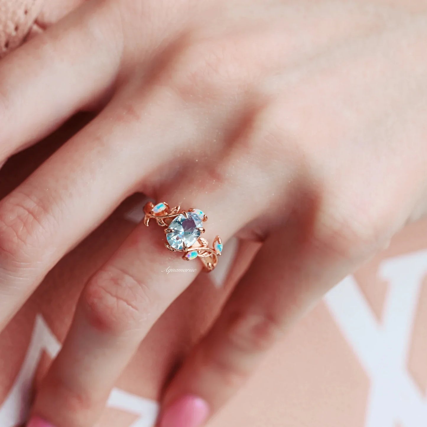 Aquamarine & Fire Opal Leaf Couples Ring Set