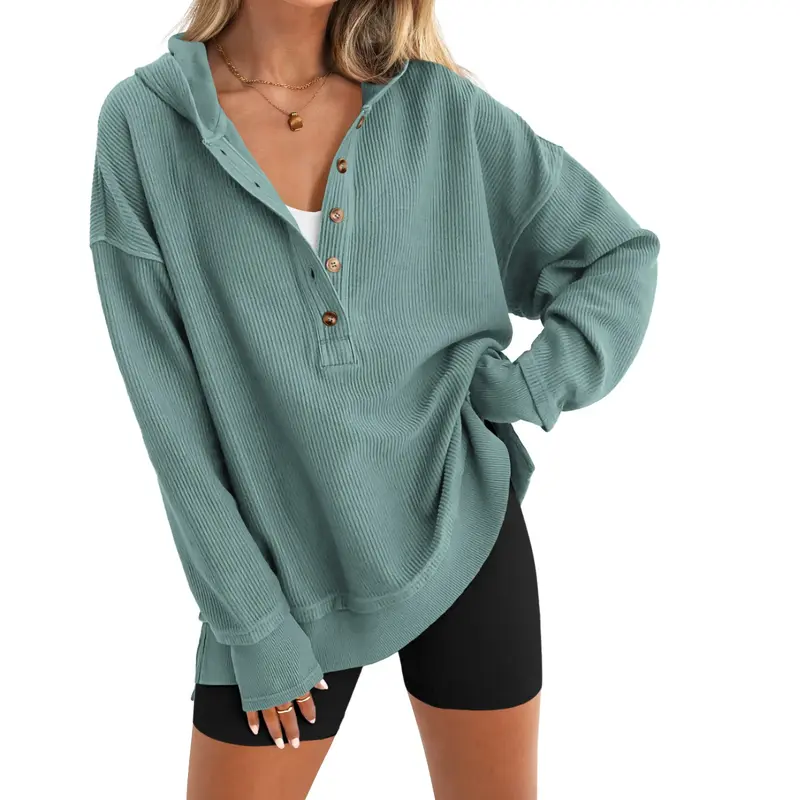 Women's Oversized Button V Neck Hoodie Long Sleeve Sweatshirt