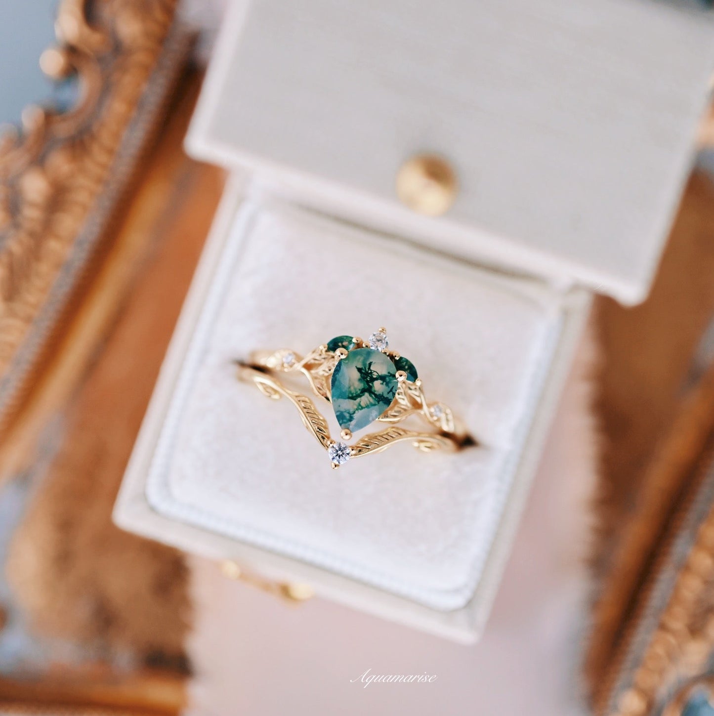 Green Moss Agate & Gold Leaf Couples Ring Set