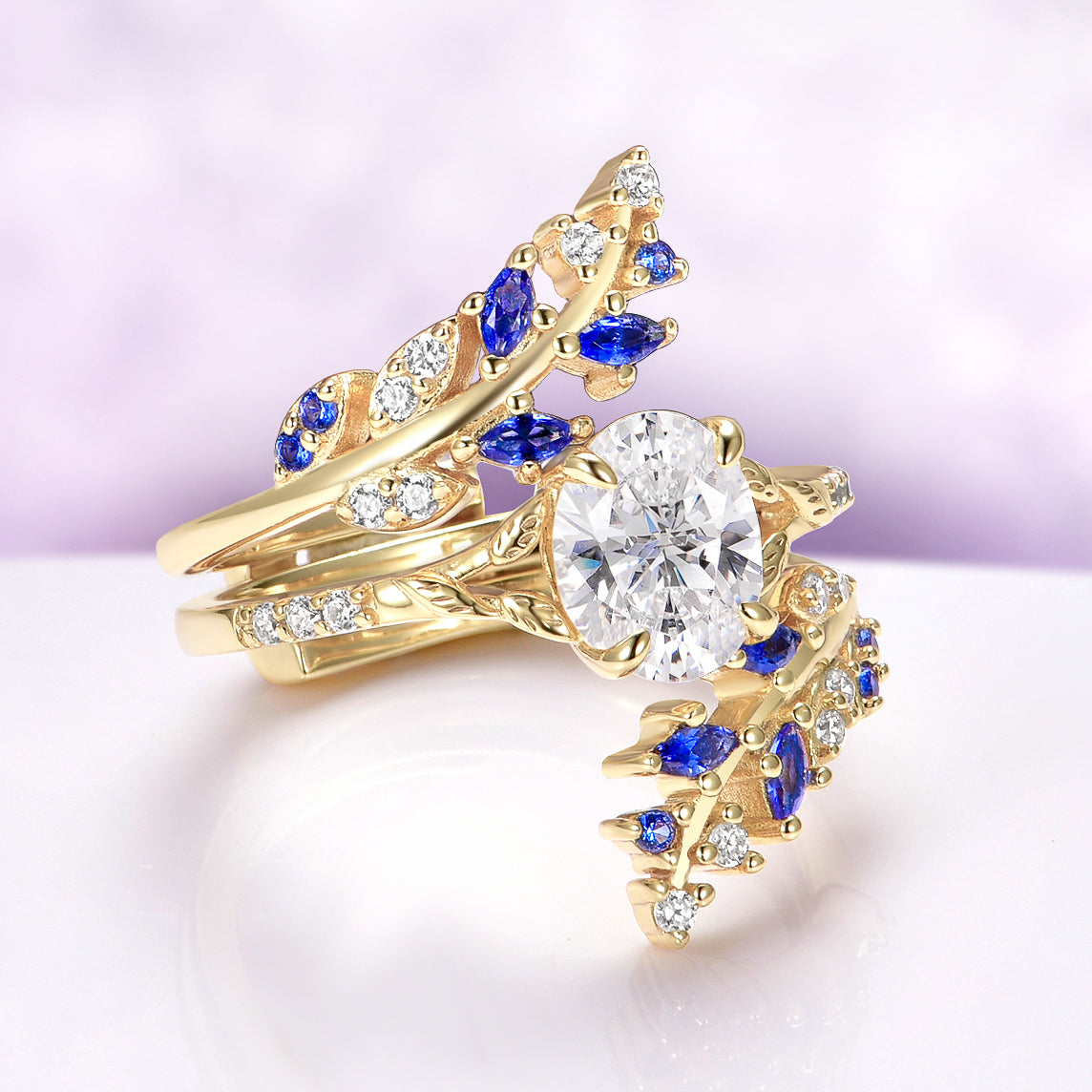 Blue Sapphire & Simulated Diamond Gold Leaf Couples Ring Set