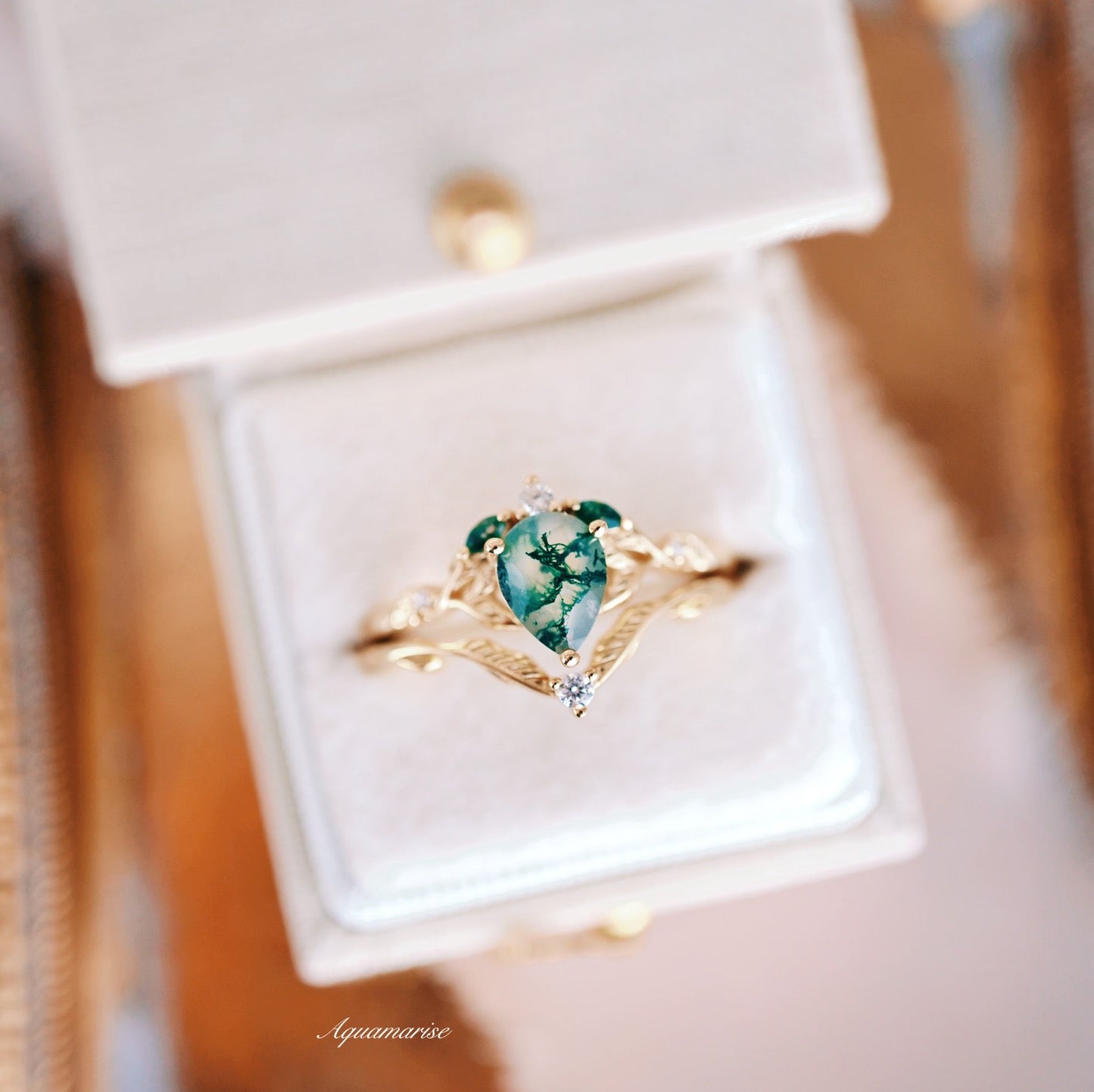 Green Moss Agate & Gold Leaf Couples Ring Set
