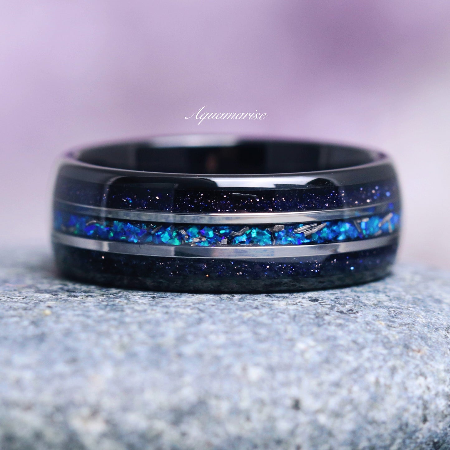Starry Night, Meteorite & Blue Fire Opal Couples Ring Set