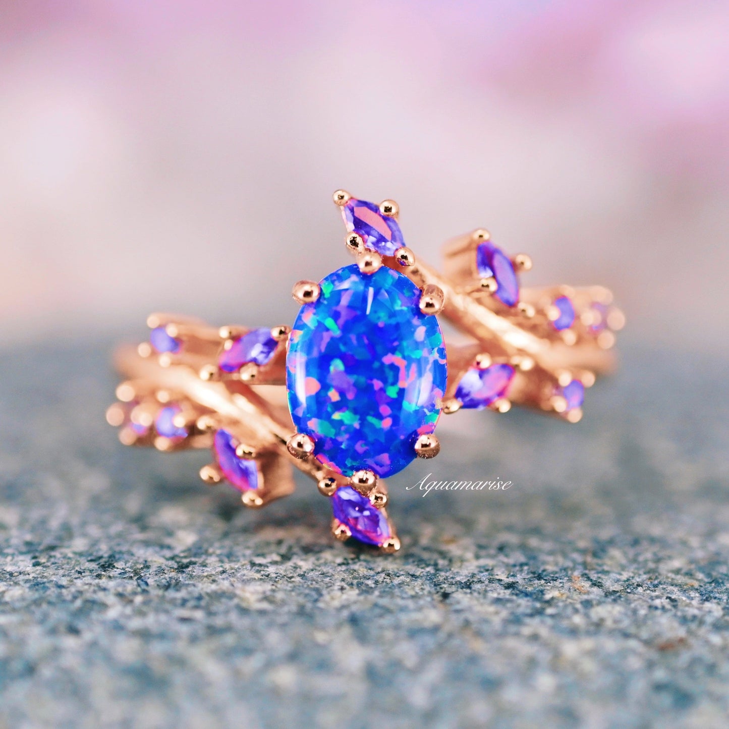 Starry Night Van Gogh Fire Opal & Rose Gold Leaf Couples Ring Set