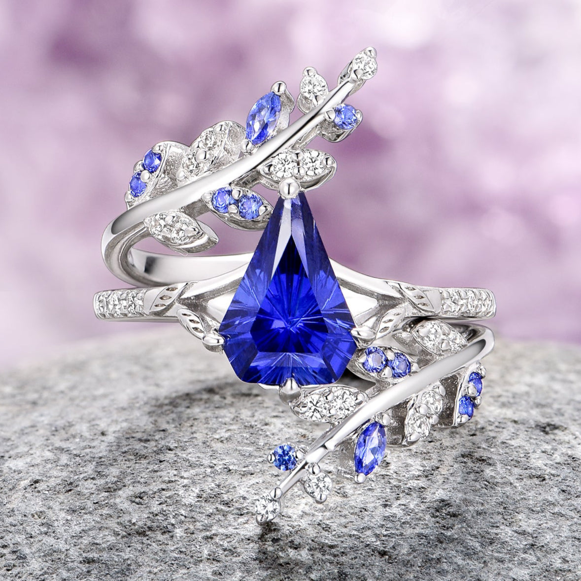 Fantasy Shield Cut Sapphire Leaf Couples Ring Set