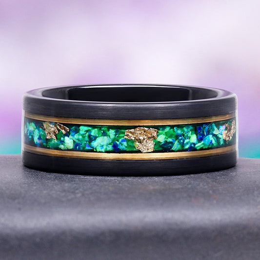 Green Moss Agate & Fire Opal & Gold Leaf Couples Ring Set