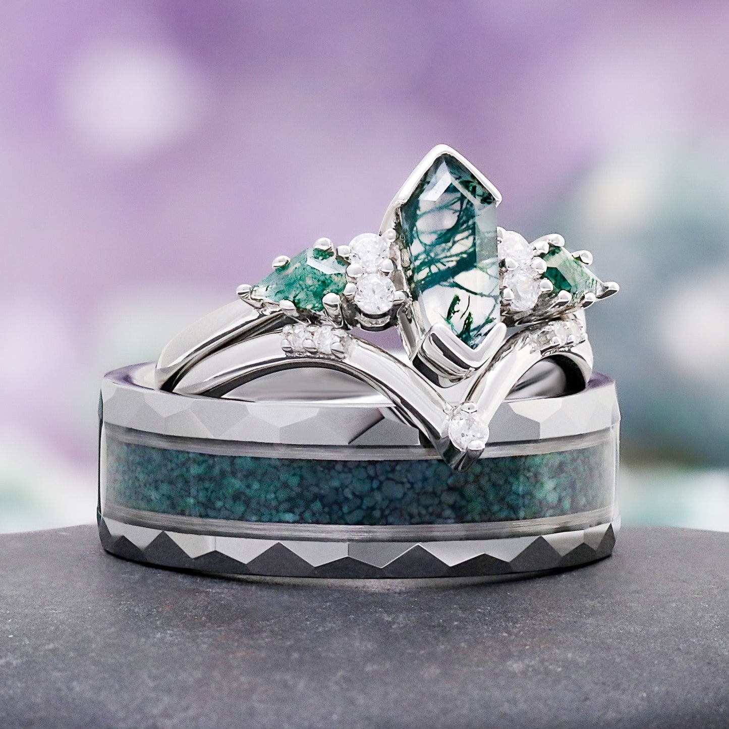 Hexagon Coffin Green Moss Agate Couples Ring Set