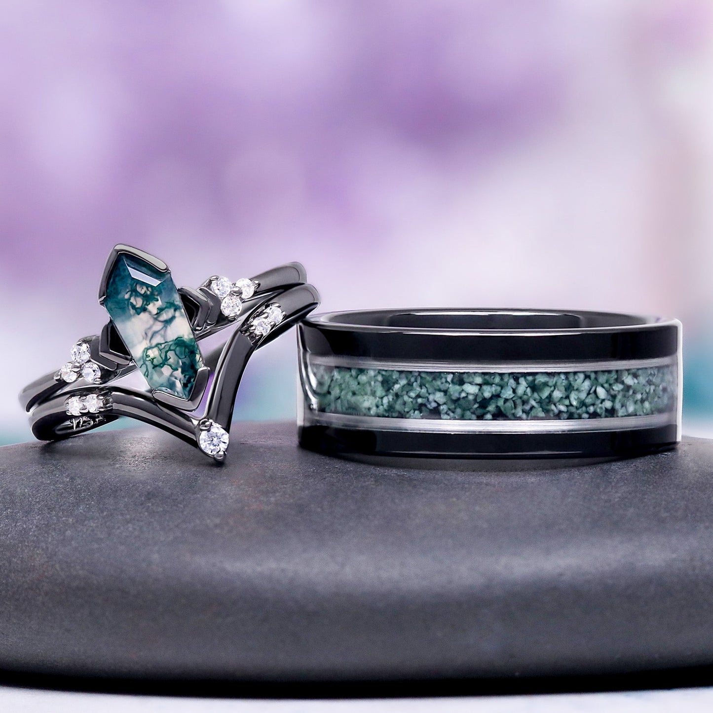 Hexagon Coffin Green Moss Agate Couples Ring Set
