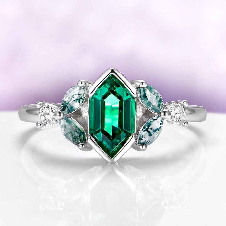 Hexagon Emerald & Moss Agate Couples Ring Set