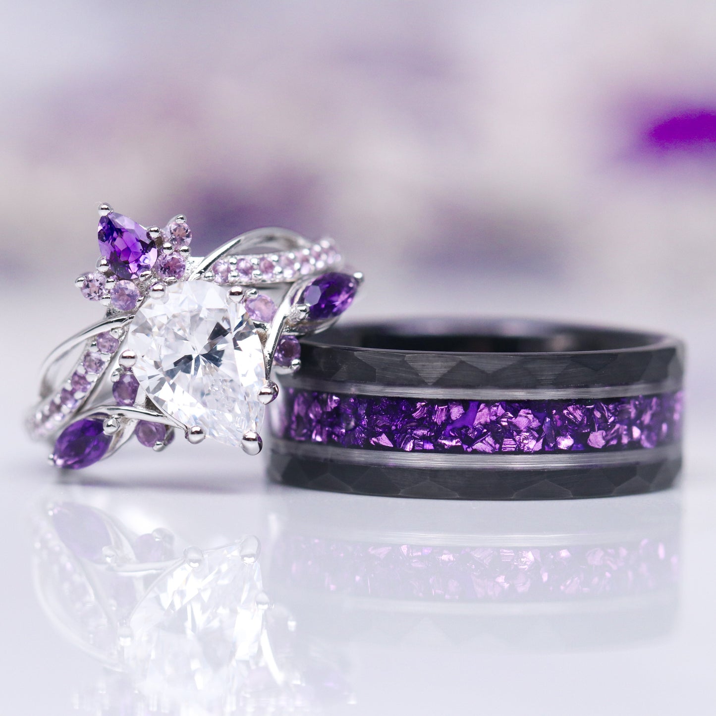 Feyra Amethyst & Simulated Diamond Couples Ring Set
