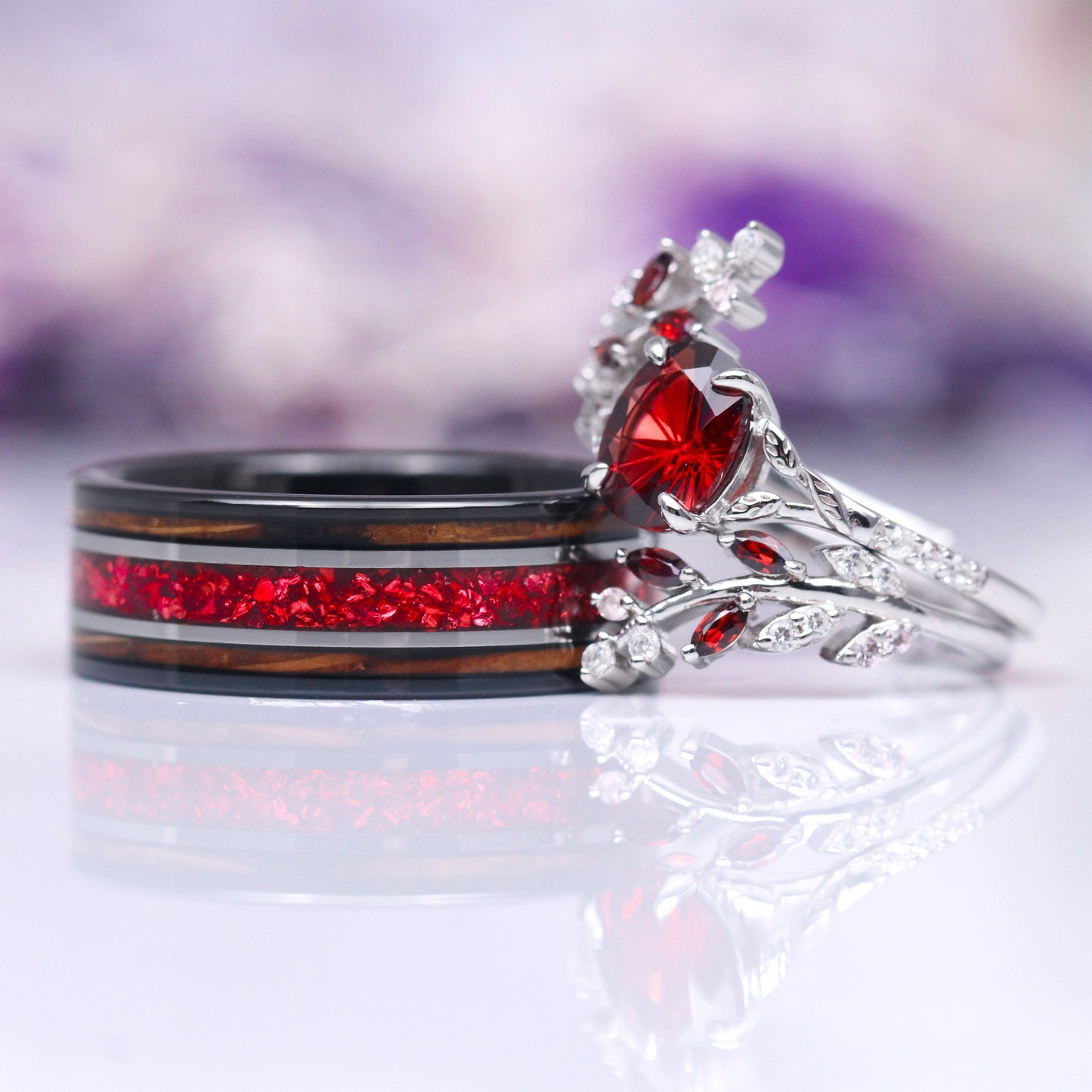 Unique Fireworks Cut Garnet & Whiskey Barrel Couples Ring Set