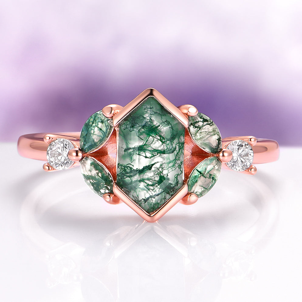 Hexagon Green Moss Agate Couples Ring Set