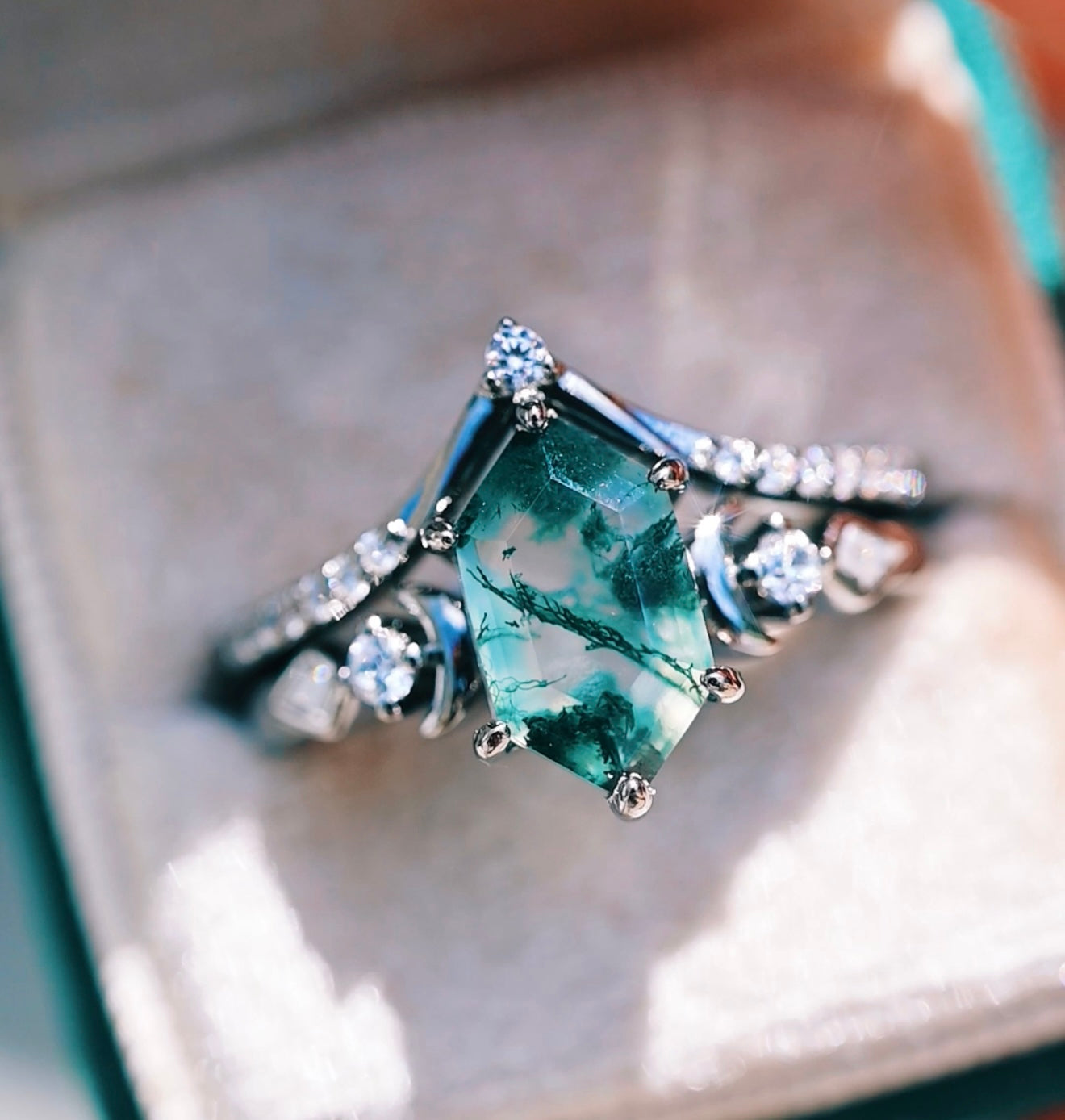 Elara Moss Agate Crescent Moon Couples Ring Set