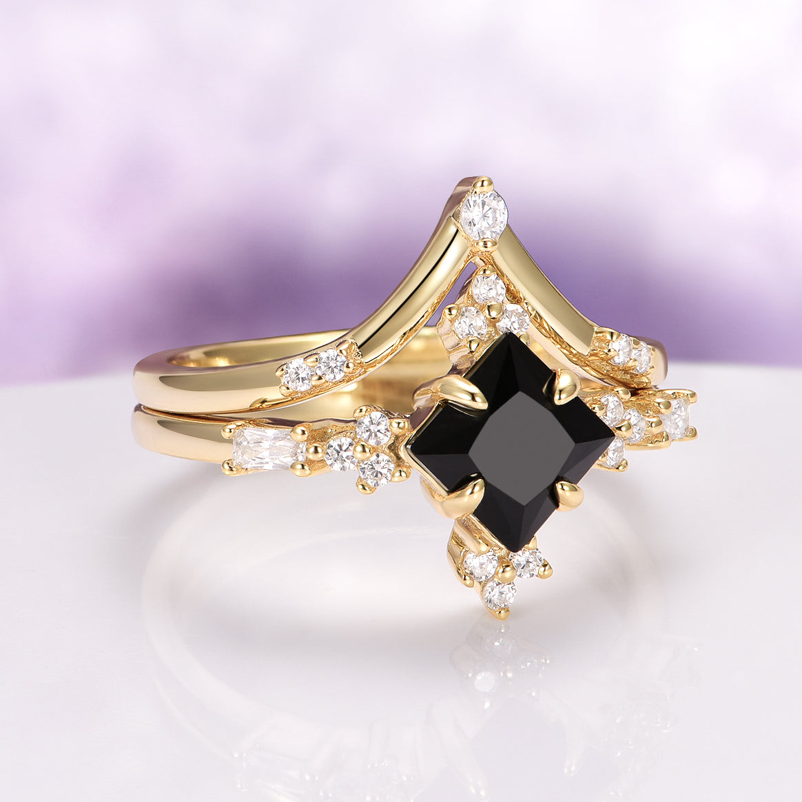 Black Onyx & Meteorite Gold Leaf Couples Ring Set