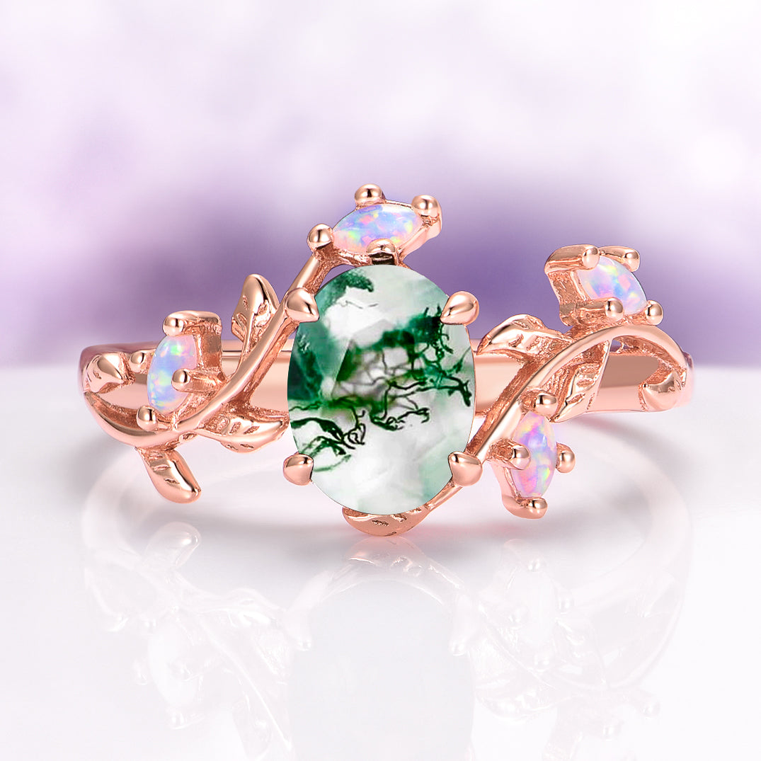 Moss Agate & Fire Opal Couples Ring Set
