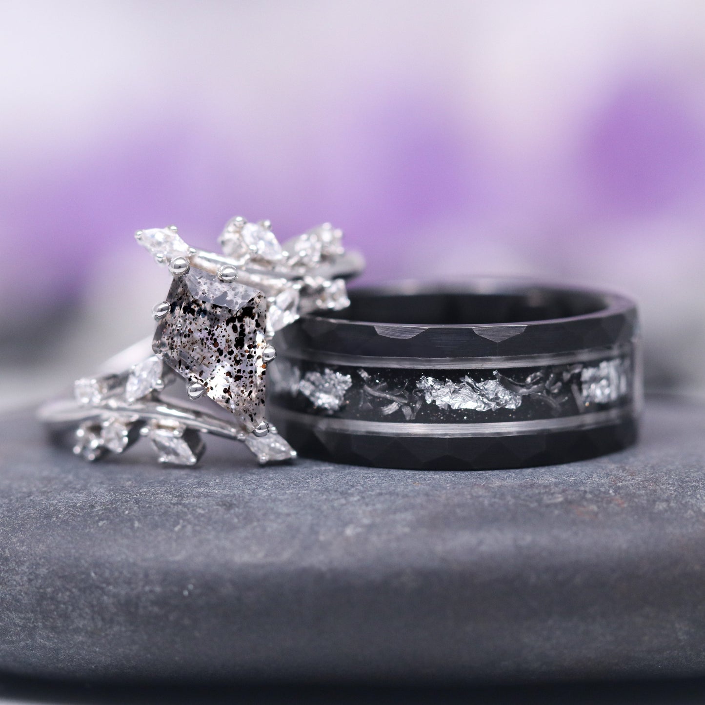 Galaxy Salt and Pepper (Herkimer) Diamond & Meteorite Couples Ring Set