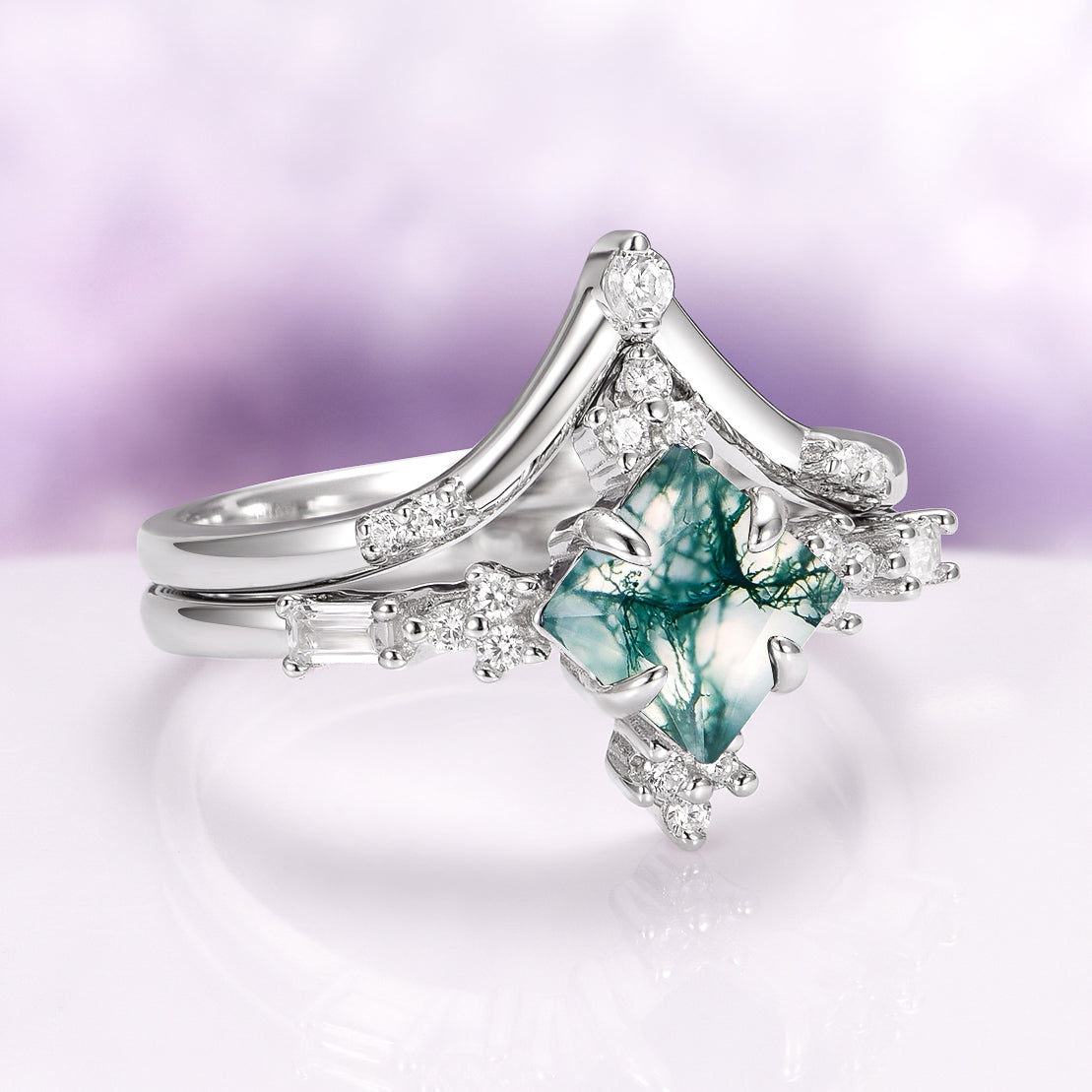 Rustic Moss Agate Couples Ring Set