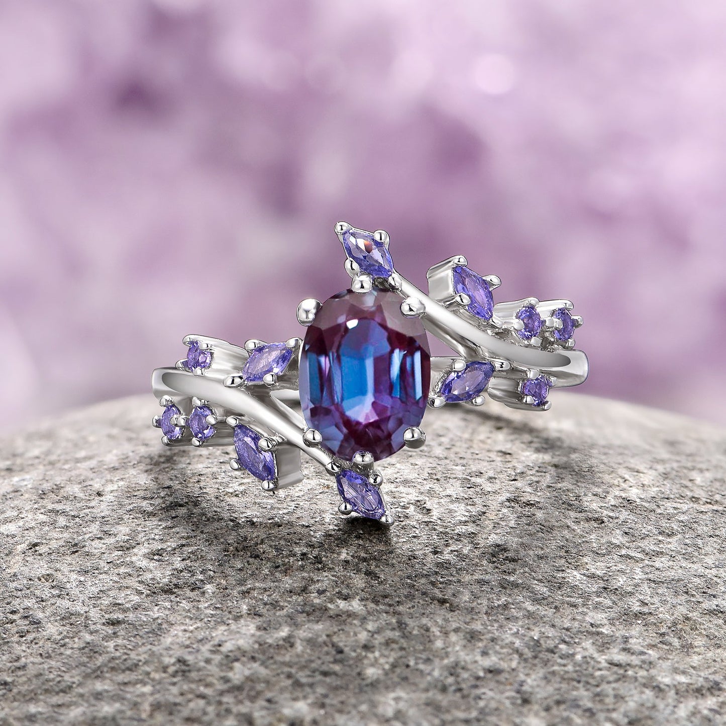 Galaxy Alexandrite Leaf Couples Ring Set