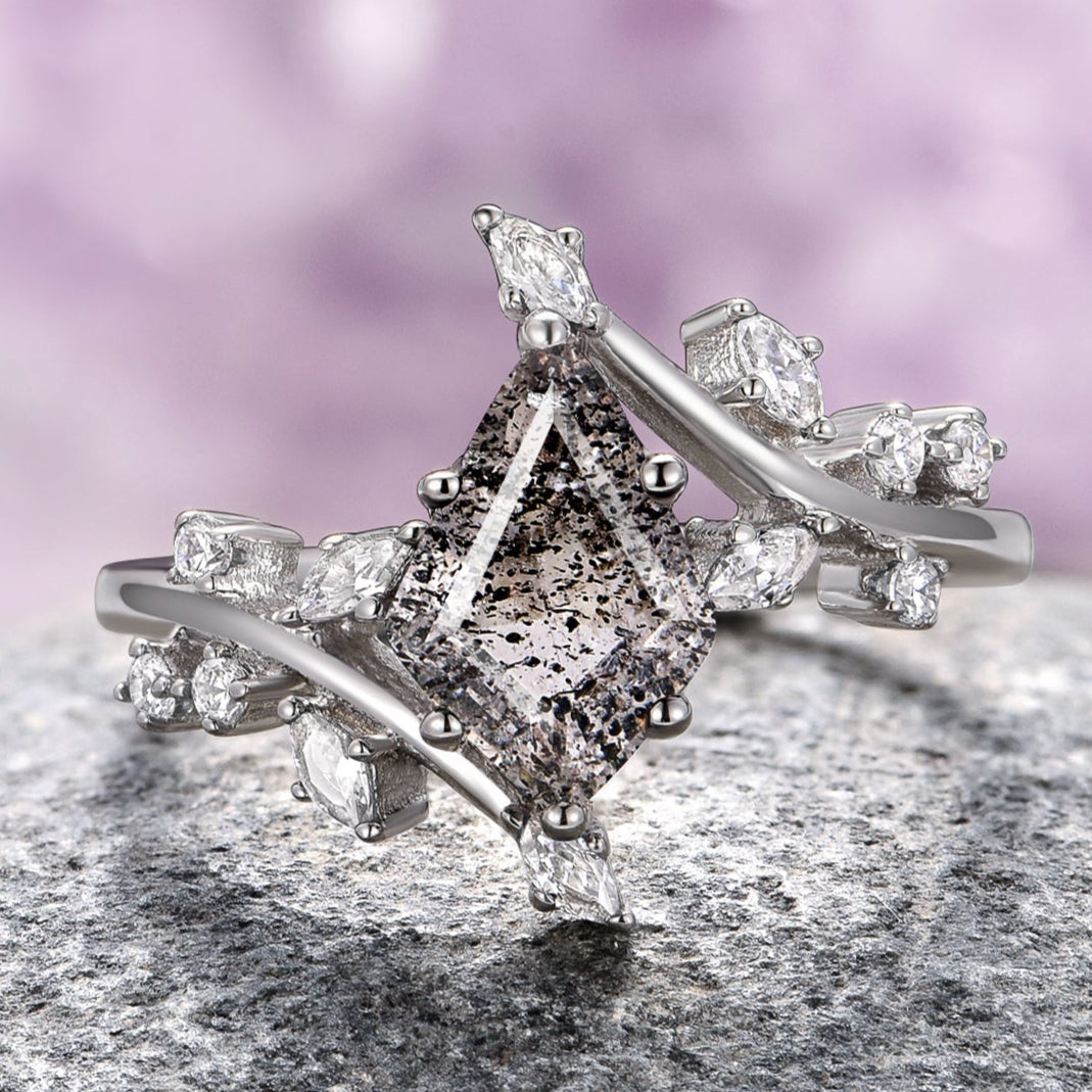 Galaxy Salt and Pepper (Herkimer) Diamond & Meteorite Couples Ring Set