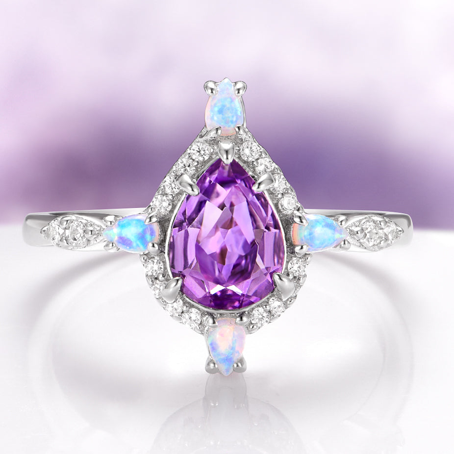 Amethyst & Galaxy Fire Opal Couples Ring Set