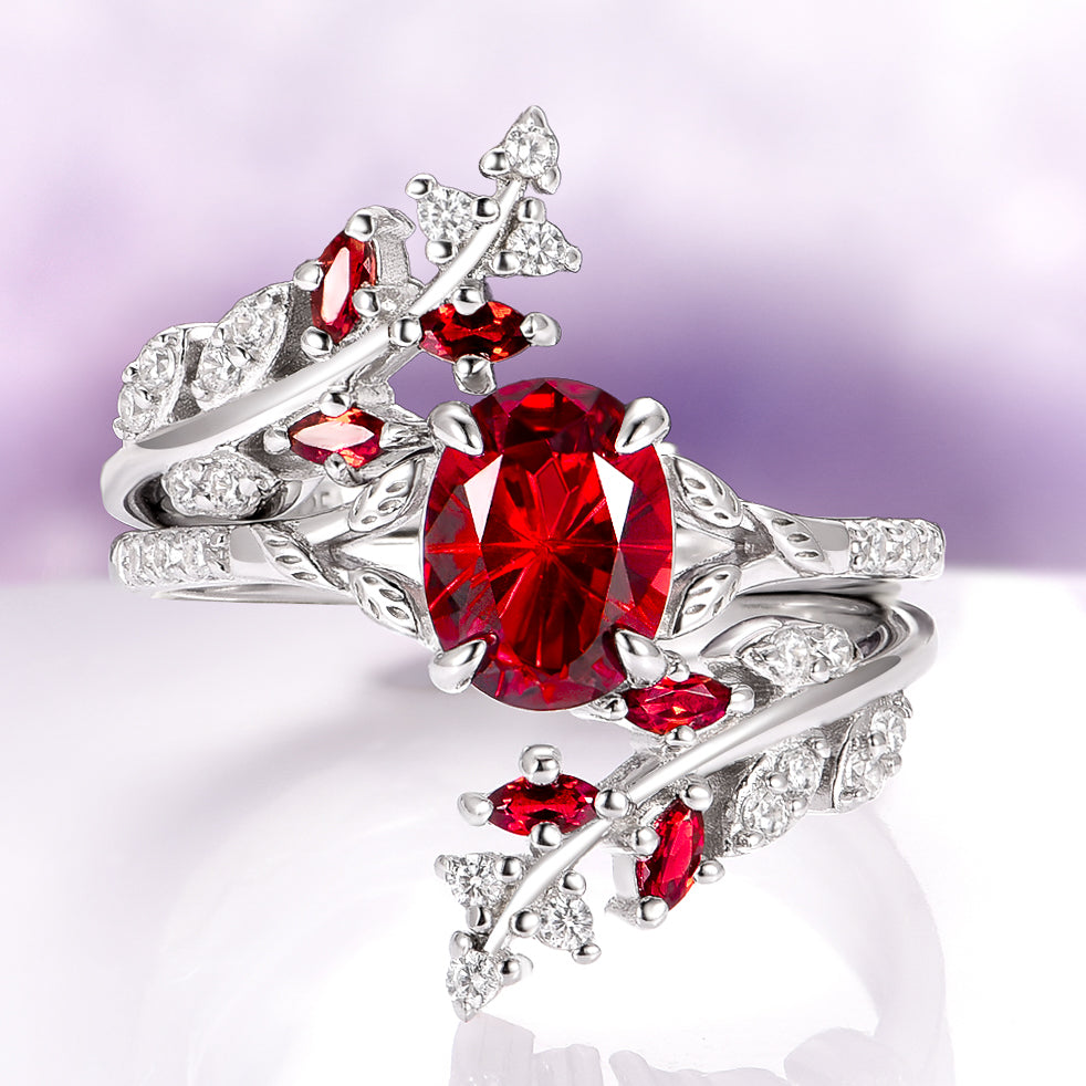 Unique Fireworks Cut Garnet & Whiskey Barrel Couples Ring Set