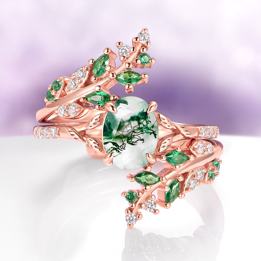 Green Fire Opal & Moss Agate Leaf Couples Ring Set