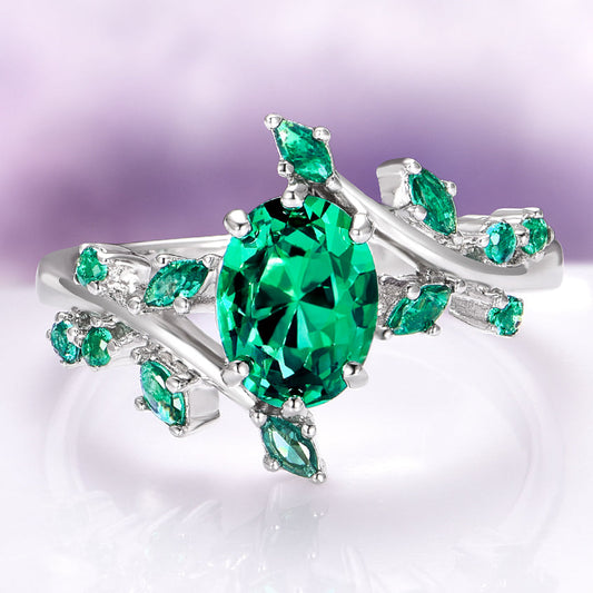 Emerald Leaf Couples Ring Set