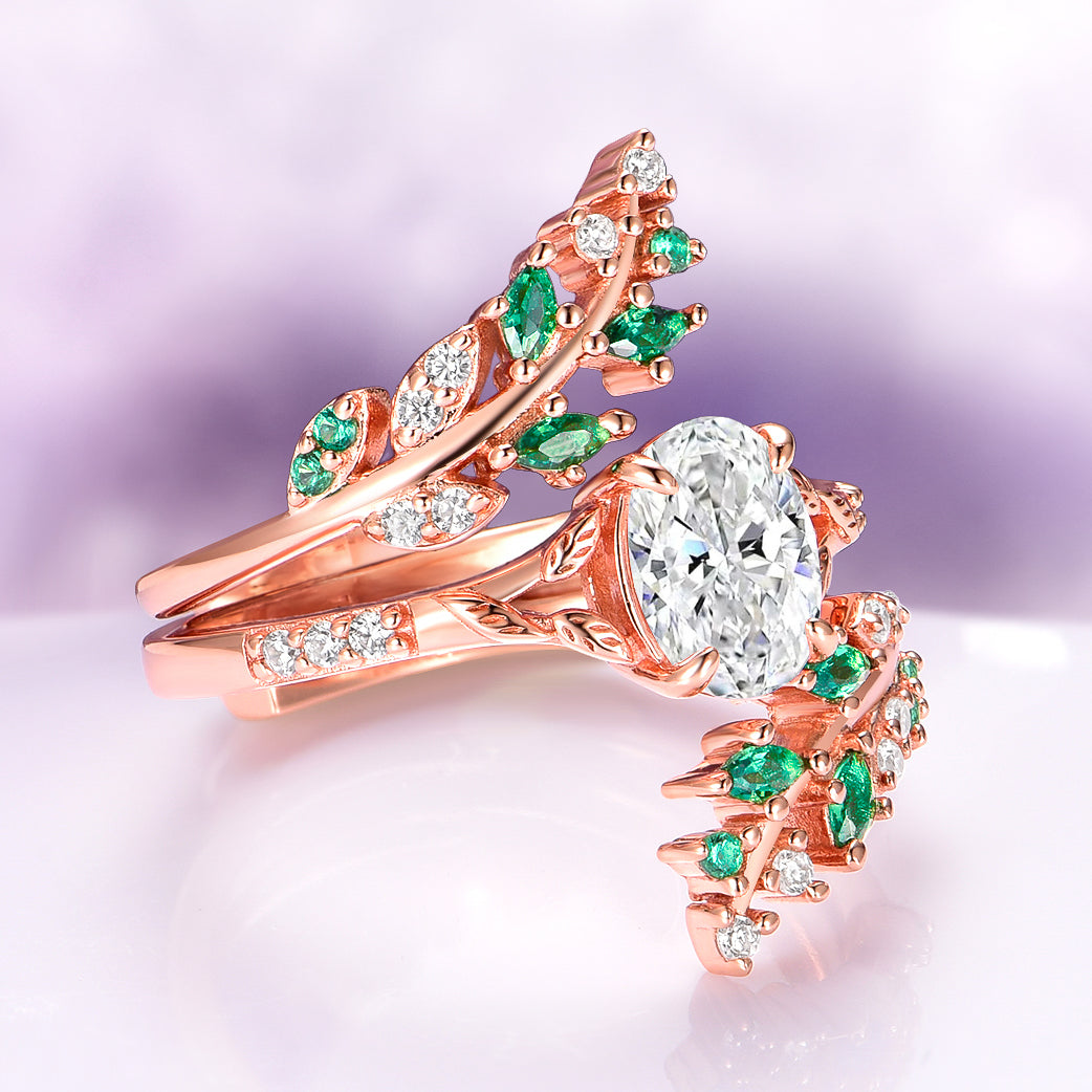 Simulated Diamond & Emerald Leaf Couples Ring Set