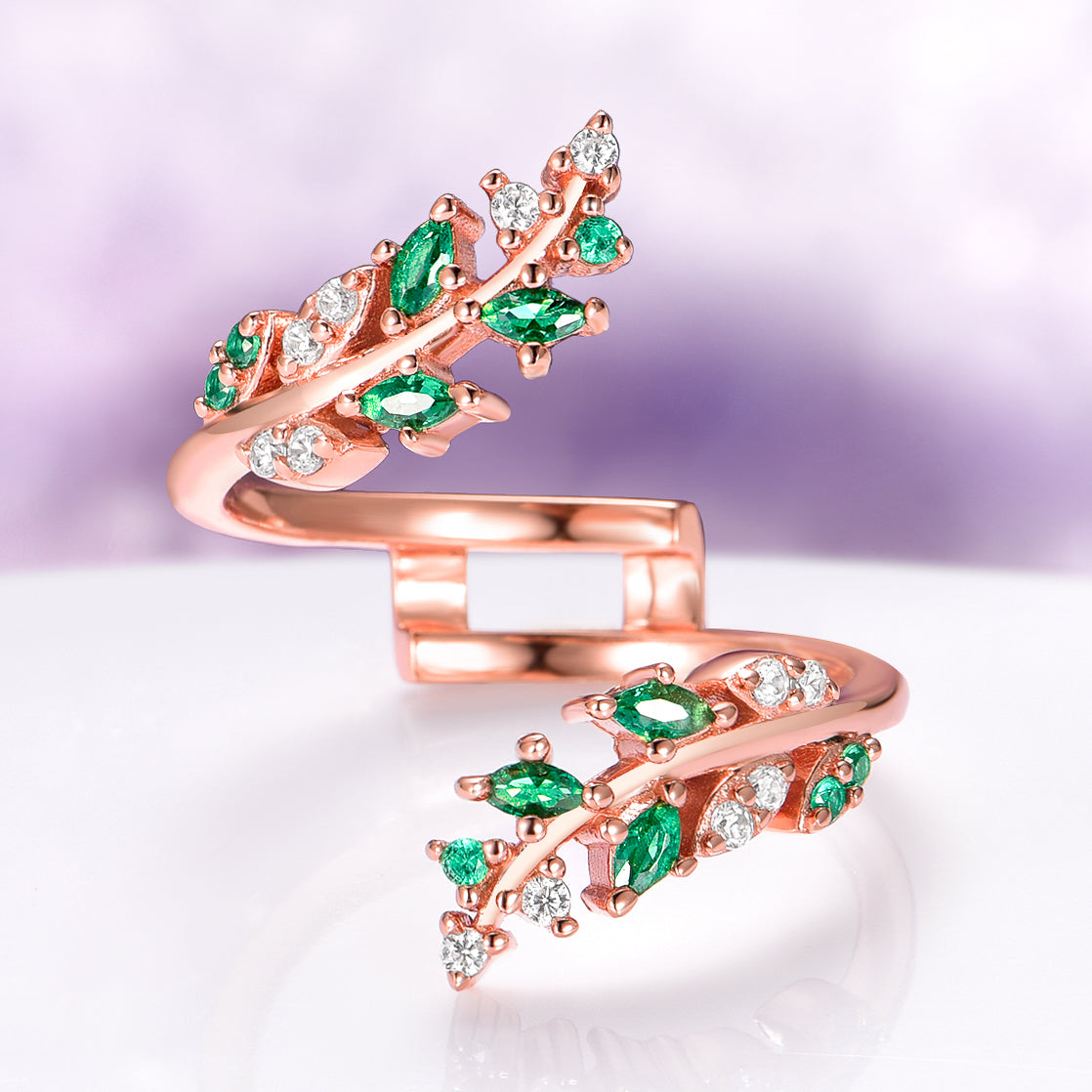 Simulated Diamond & Emerald Leaf Couples Ring Set