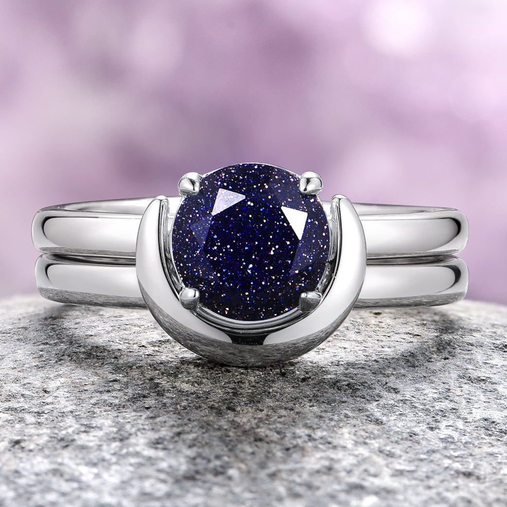 Starry Night Crescent Moon Couples Ring Set