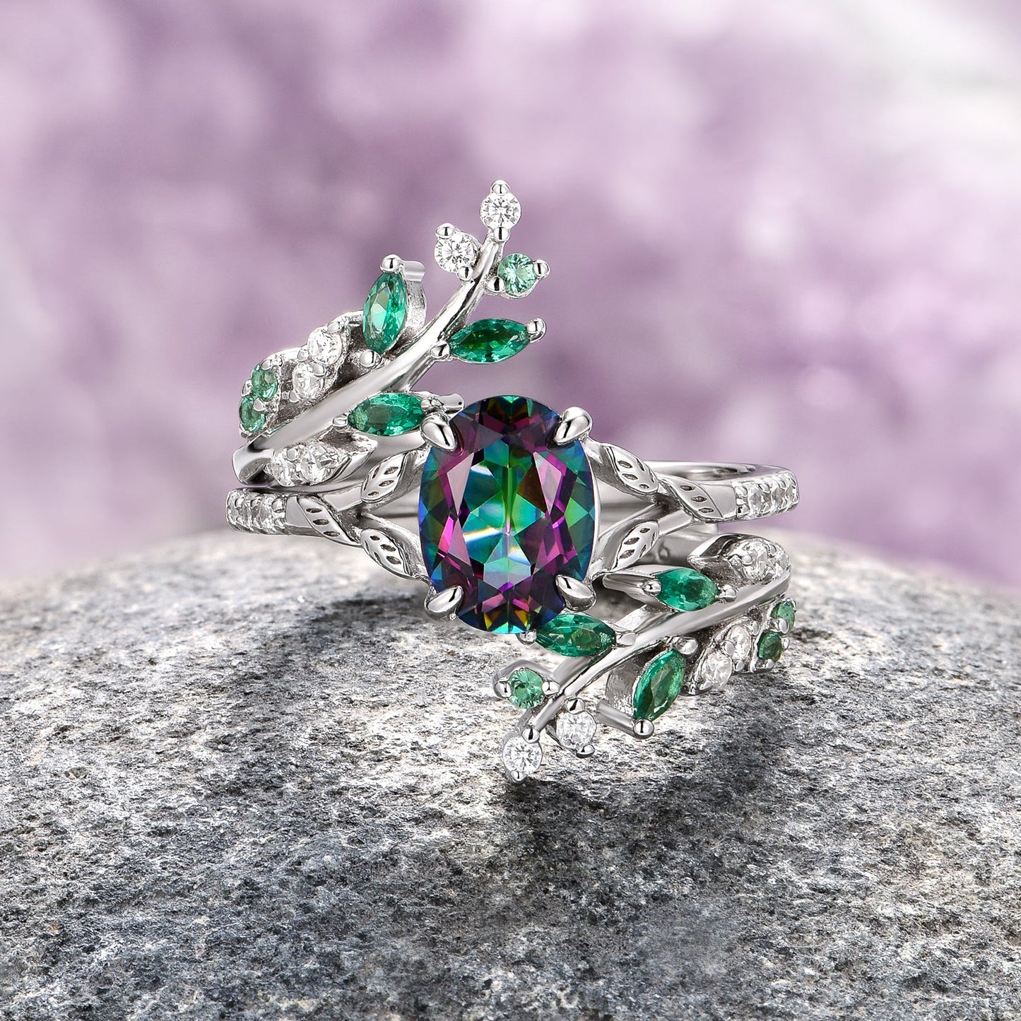 Mystic Topaz & Galaxy Opal Leaf Couples Ring Set