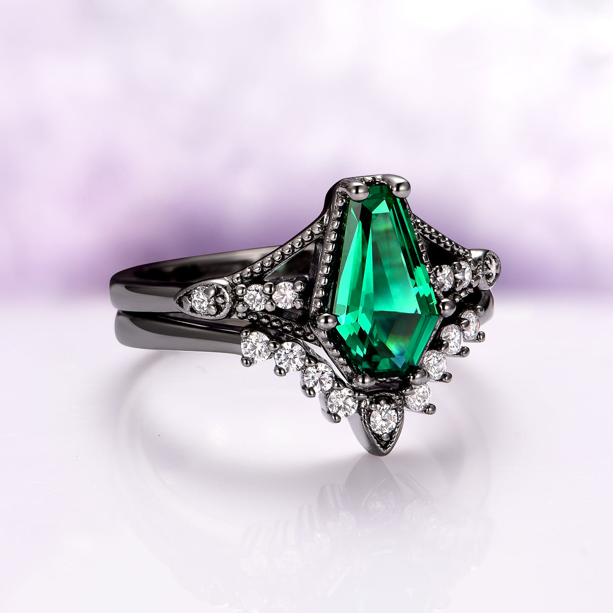 Lilith Coffin Cut Emerald & Green Fire Opal Couples Ring Set
