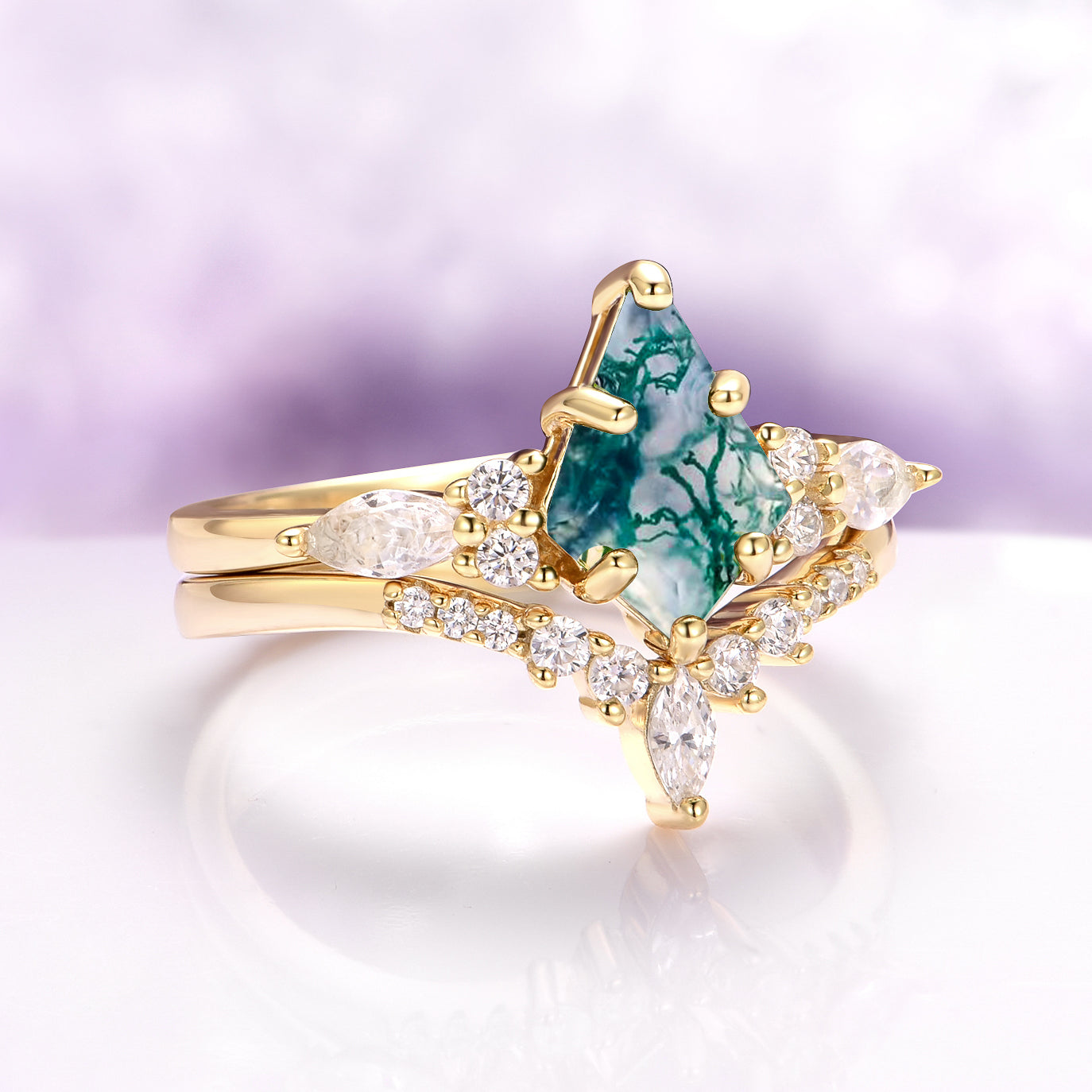 Skye Kite® Green Moss Agate & Whiskey Barrel Couples Ring Set