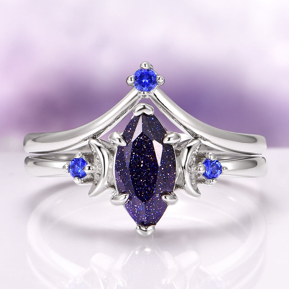 Starry Night, Meteorite & Blue Fire Opal Couples Ring Set