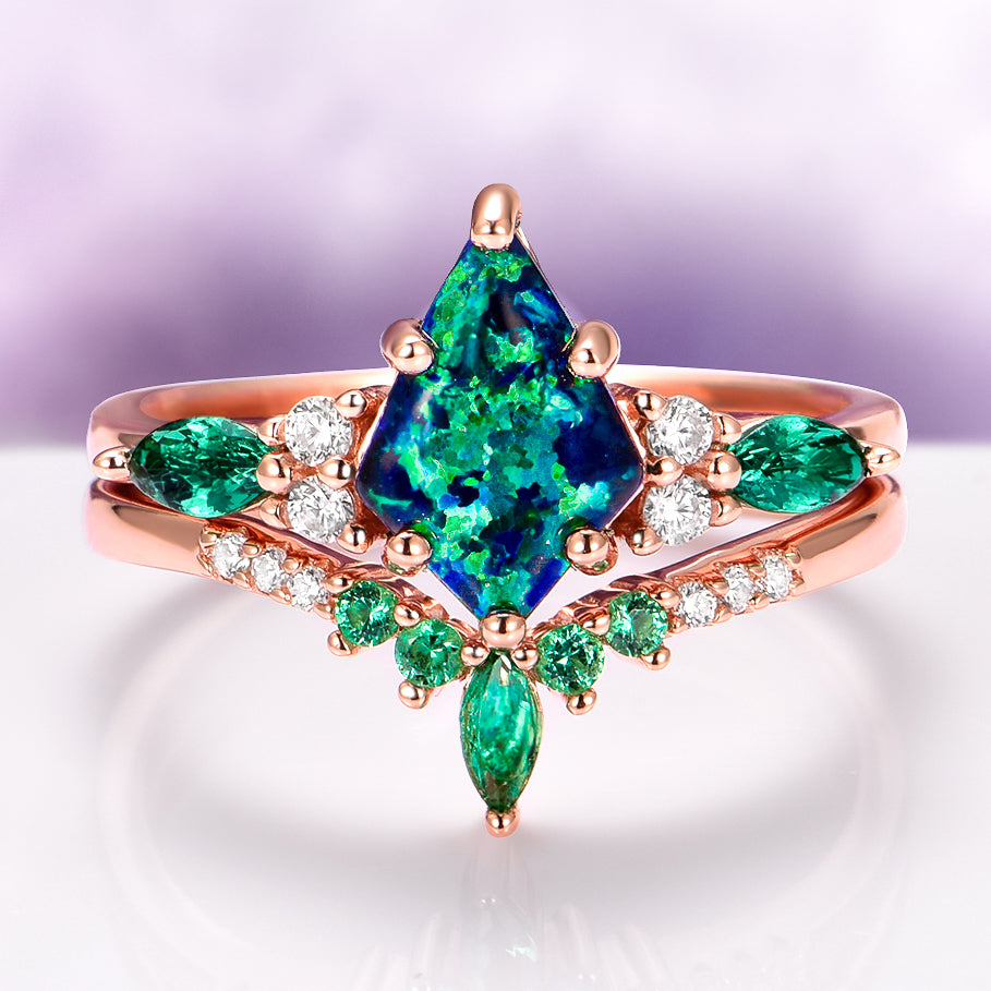 Skye Kite®  Peacock Fire Opal & Emerald Couples Ring Set