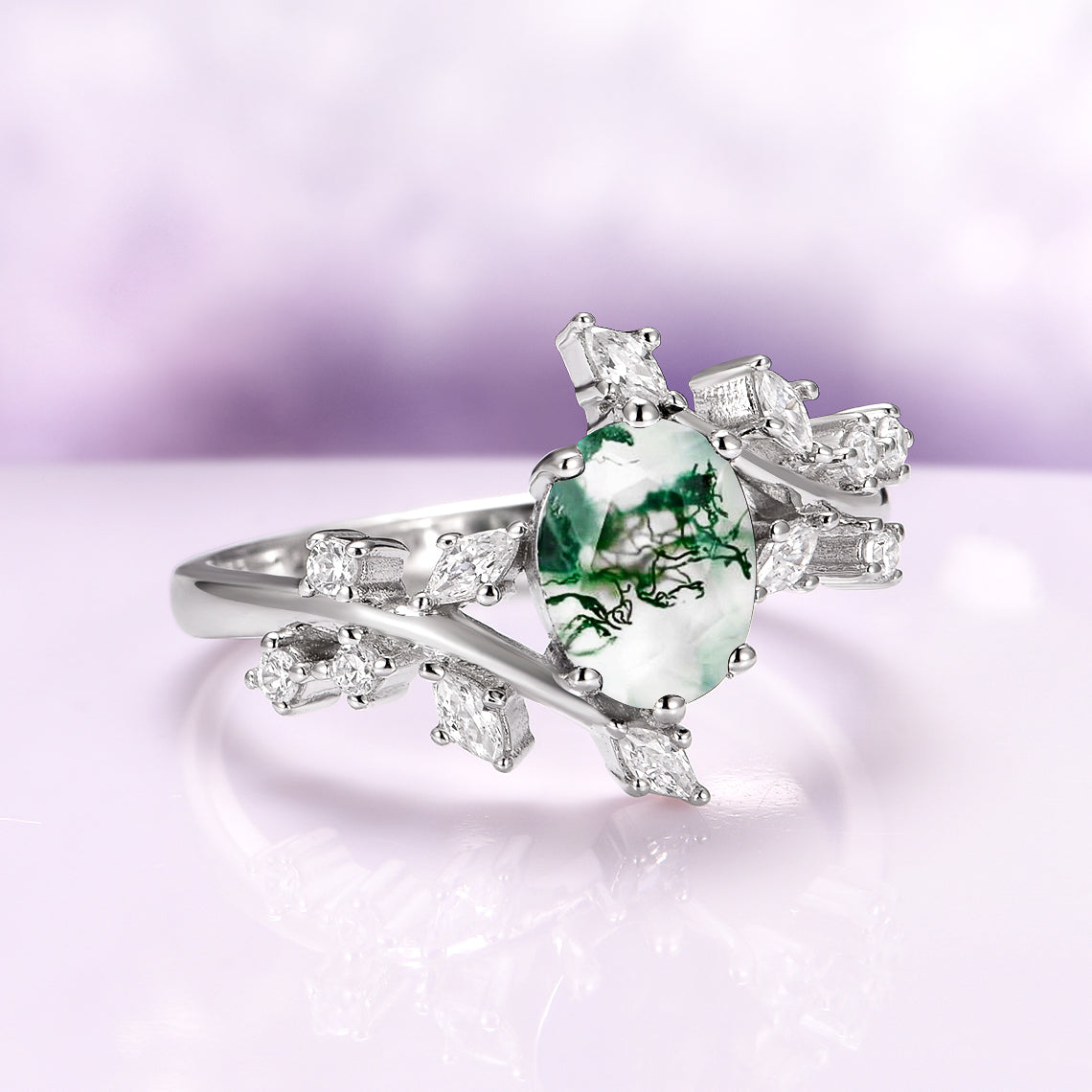 Moss Agate Leaf Couples Ring Set