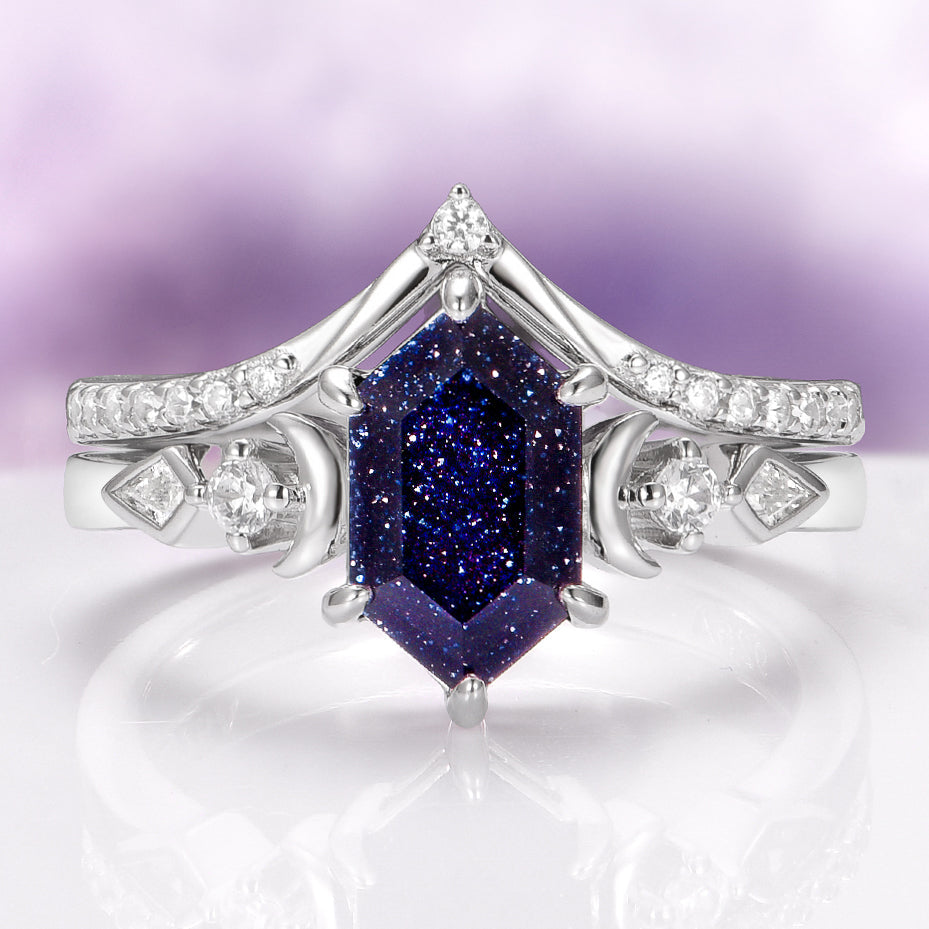 Elara Starry Night and Crescent Moon Couples Ring Set