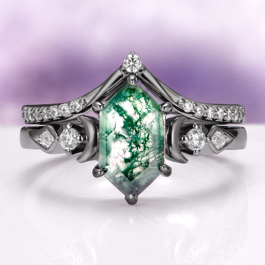 Elara Moss Agate Crescent Moon Couples Ring Set