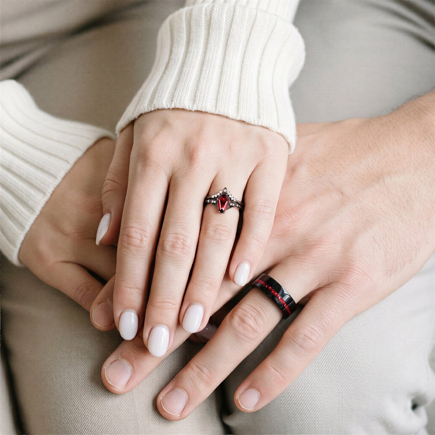 Lilith Coffin Cut Natural Red Garnet Couples Ring Set