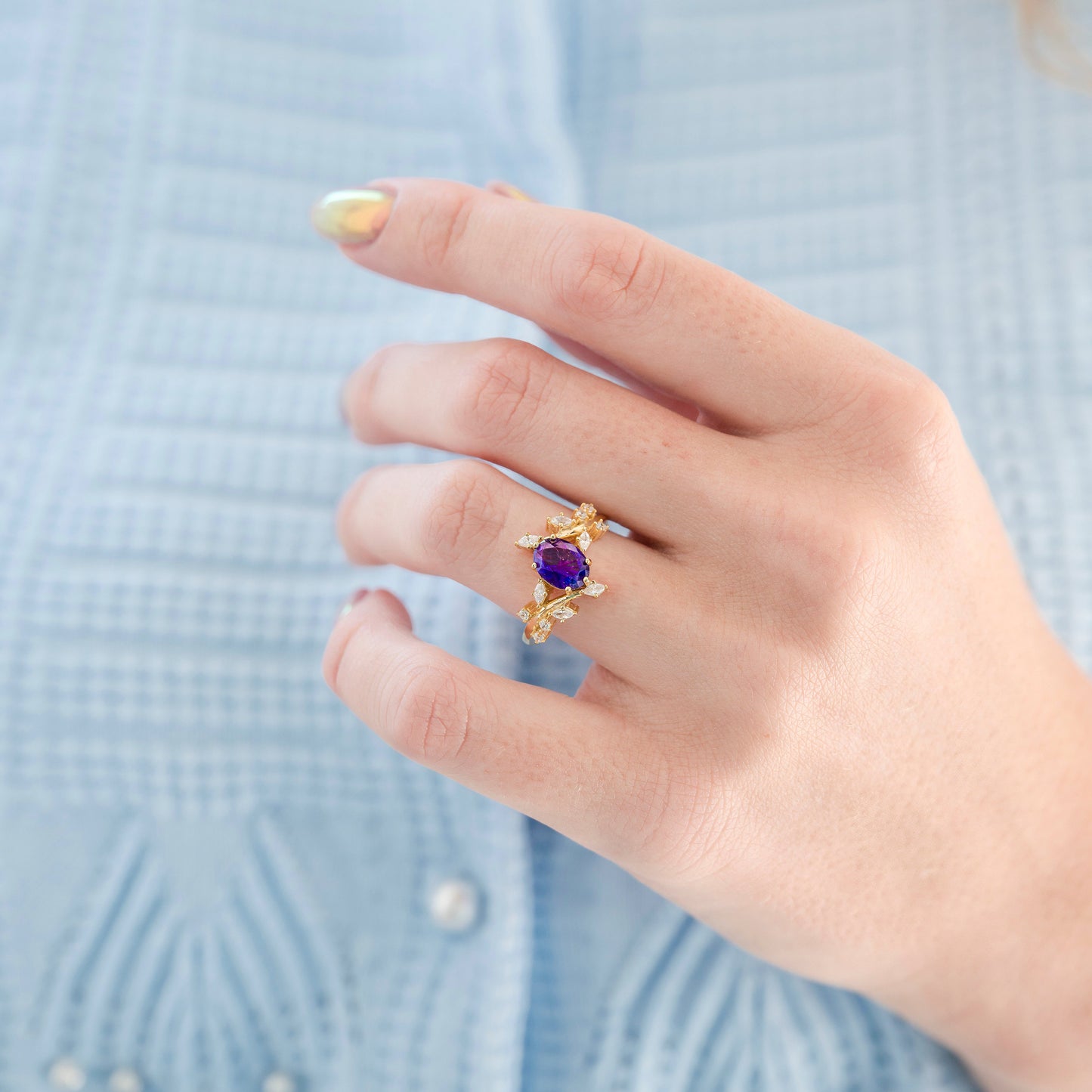 Amethyst and Galaxy Fire Opal Leaf Couples Ring Set