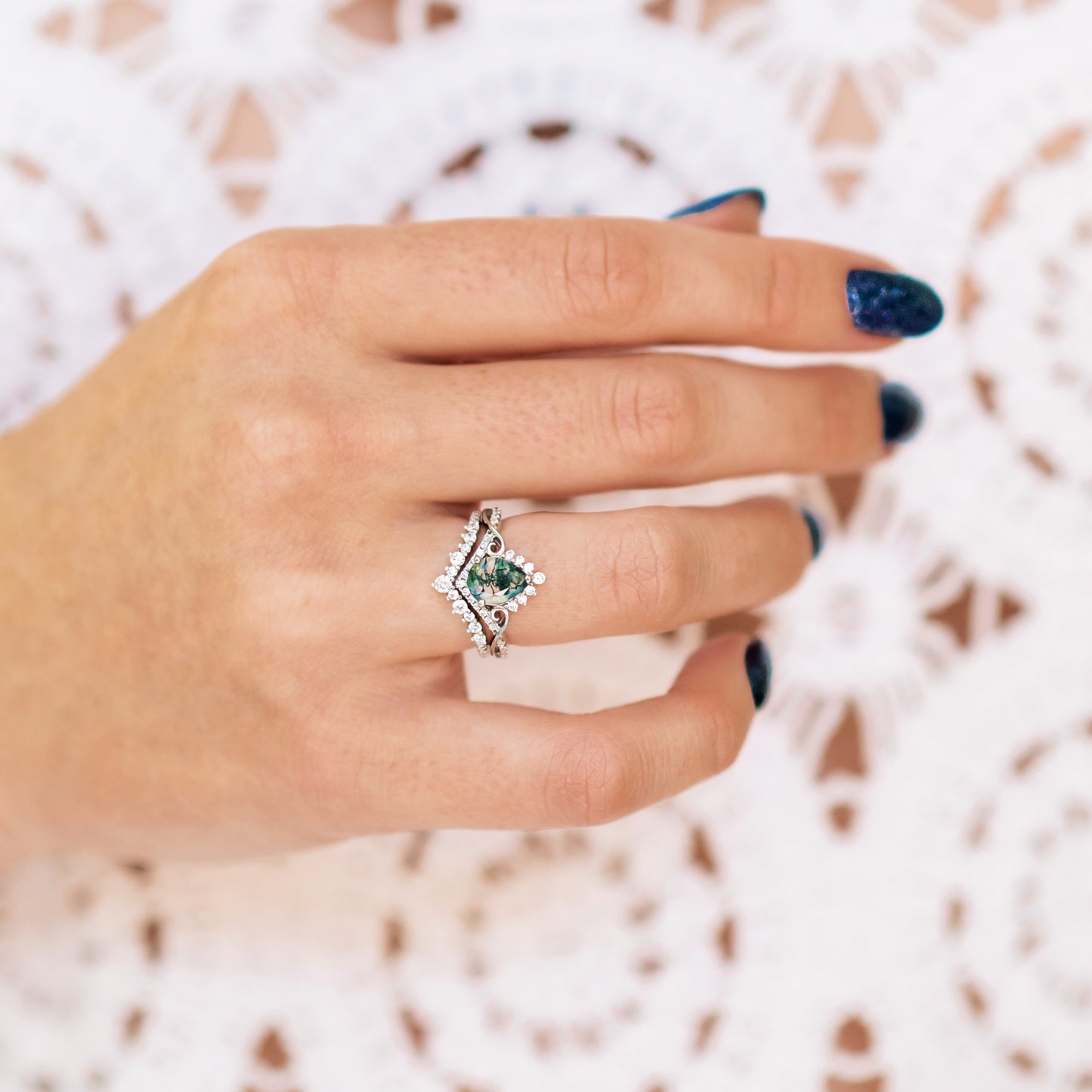 Faye Green Moss Agate Couples Ring Set