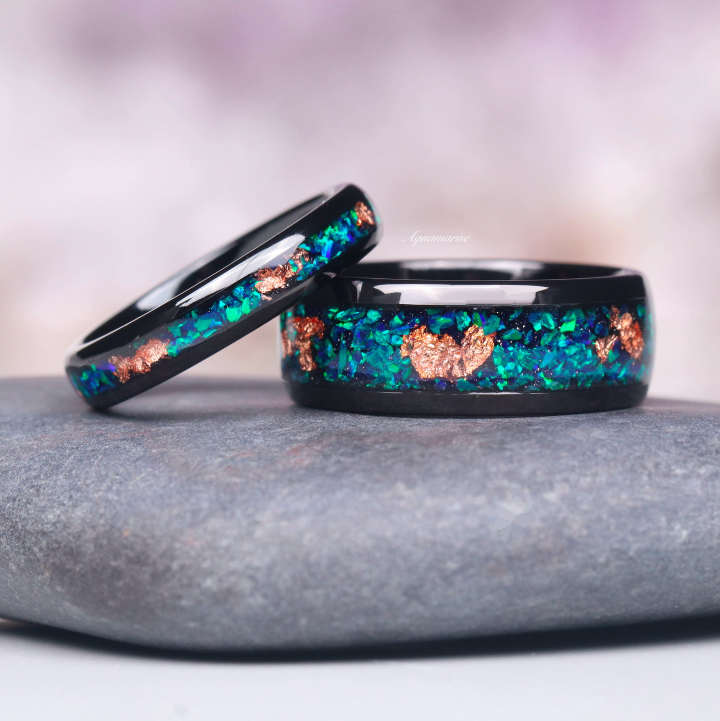 Peacock Fire Opal & Rose Gold Leaf Couples Ring Set