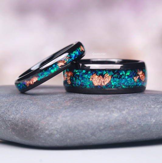 Peacock Fire Opal & Rose Gold Leaf Couples Ring Set